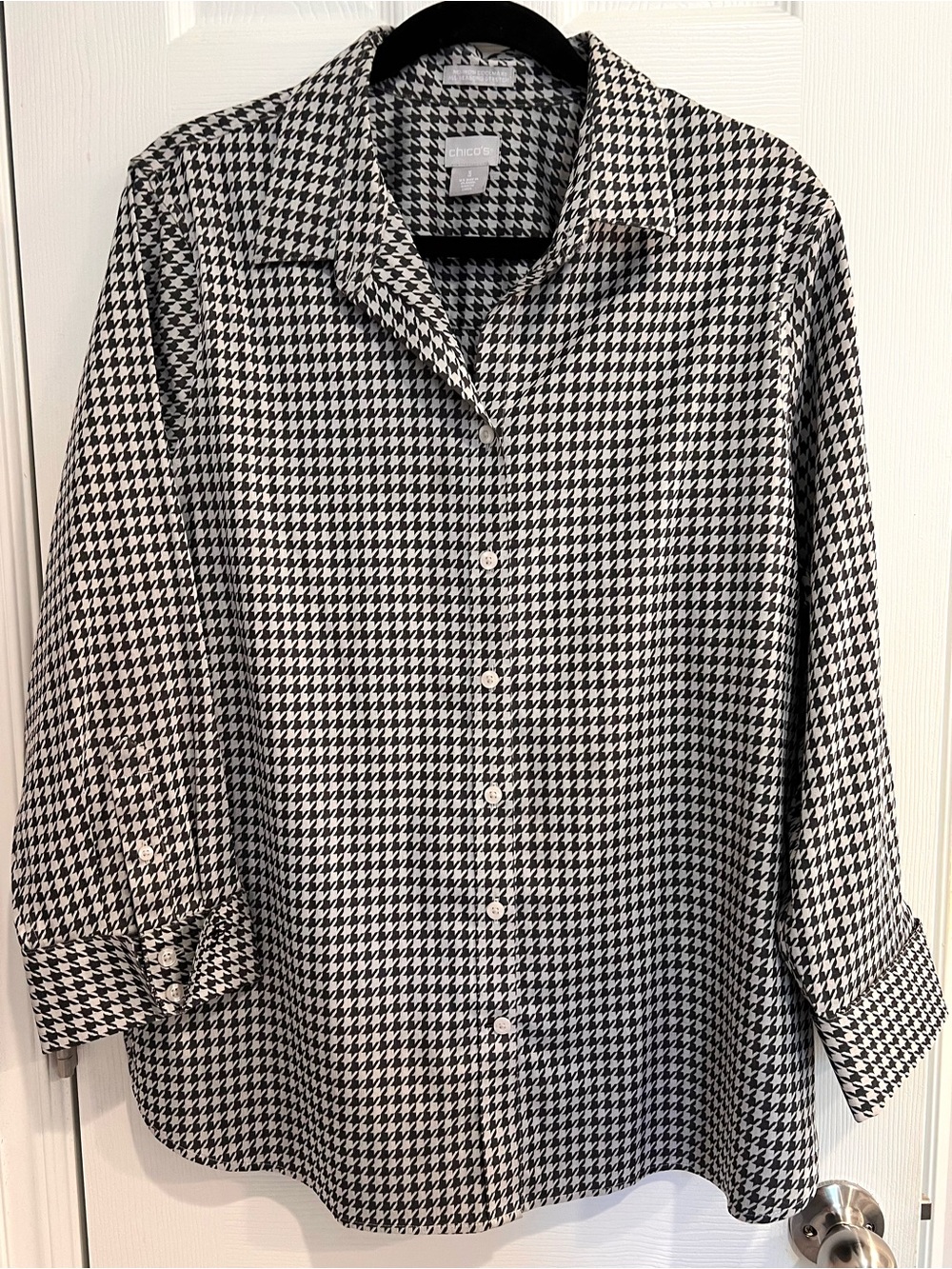 Chico's CoolMax No-Iron Women's Charcoal Houndstooth Button-Down Blouse Top XL